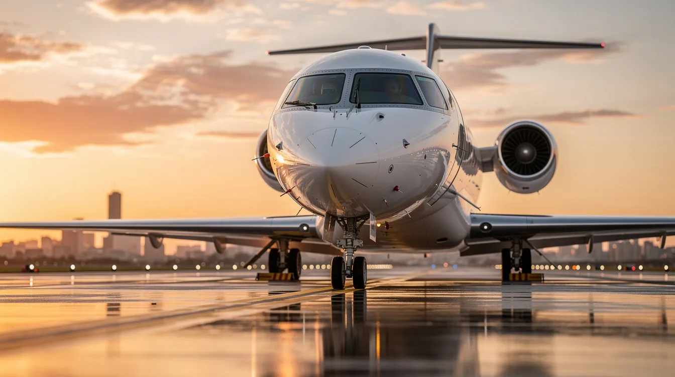 The image depicts a sleek private jet, showcasing its luxurious design and spacious cabin, ideal for air travel. This beautiful aircraft represents the pinnacle of passenger comfort and is a part of the global fleet of commercial aviation.