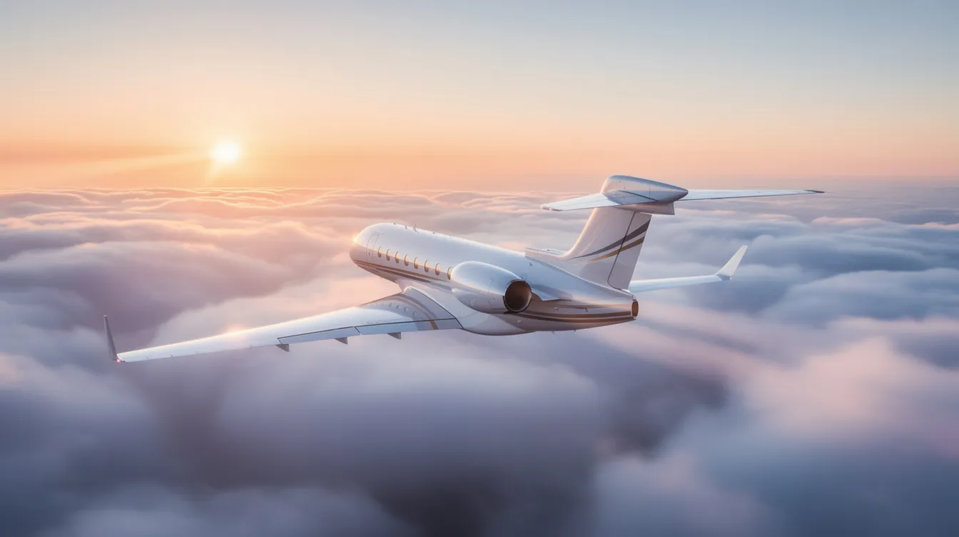 A sleek private jet ascends gracefully above the clouds at sunrise, its polished exterior reflecting the warm hues of the rising sun. This aircraft, capable of reaching high speeds, symbolizes luxury and advanced engineering in the world of aviation.