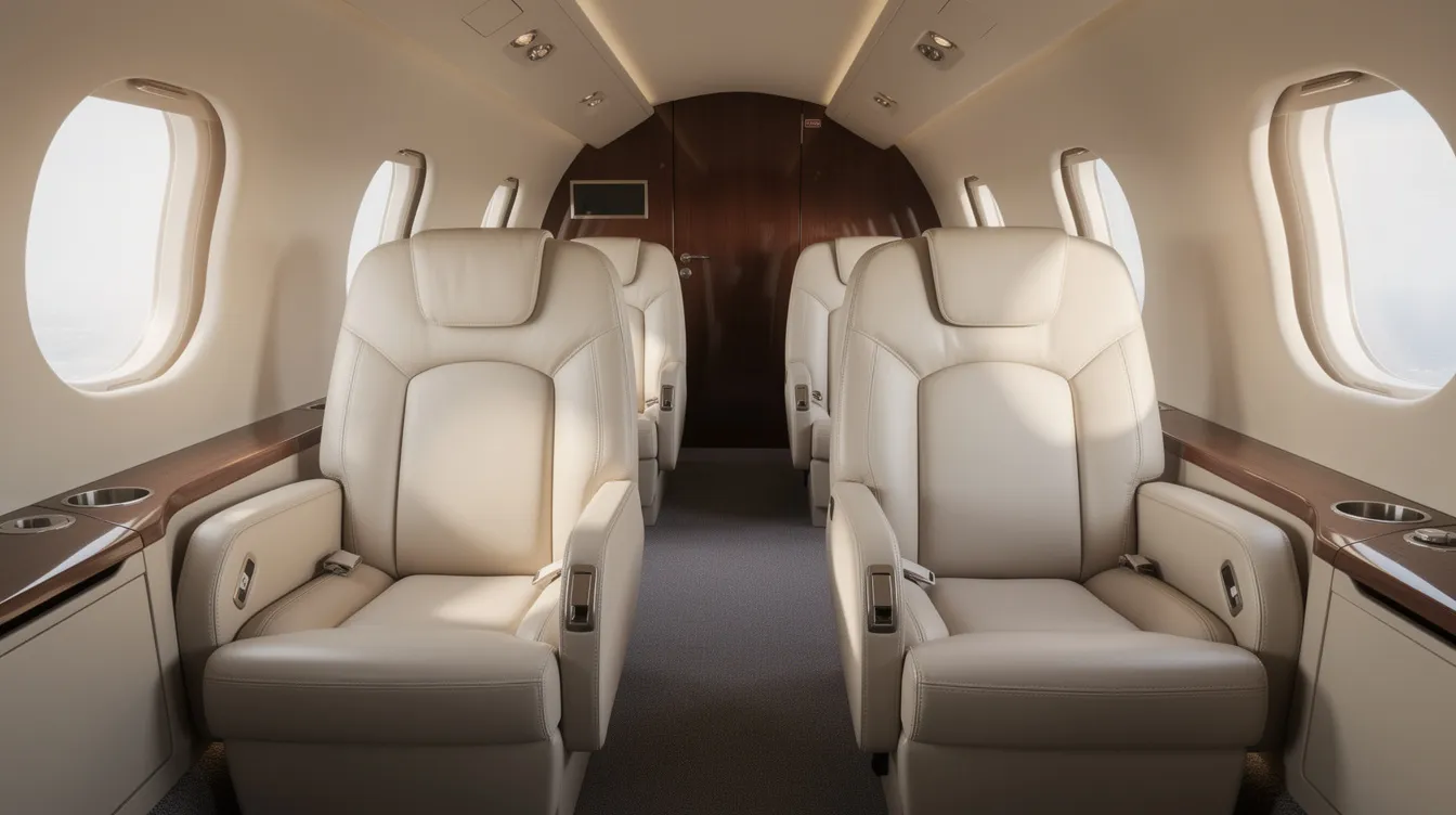 The image depicts a quiet private jet cabin featuring luxurious leather seats and soft daylight streaming through oval windows, creating a serene atmosphere. This elegant space is designed for comfort and relaxation while flying at high speeds, reminiscent of the world's fastest aircraft.