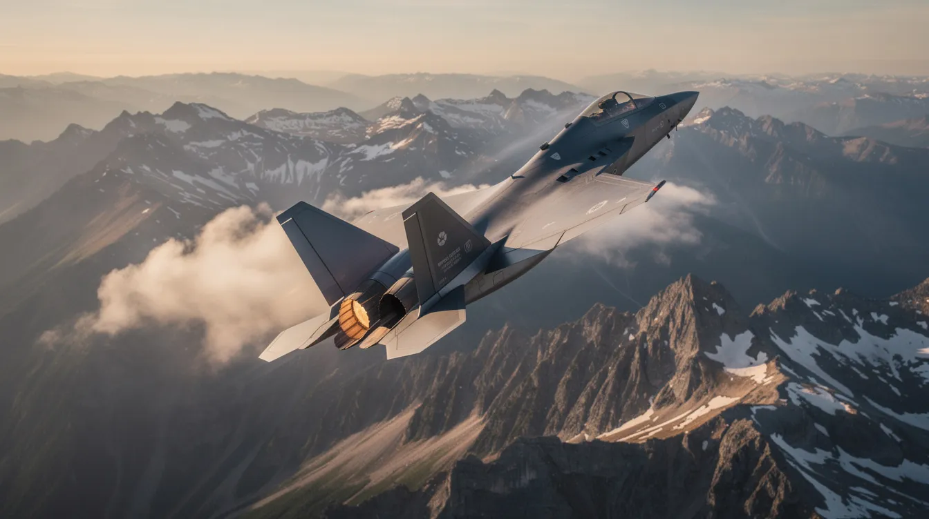 A modern fighter jet is seen banking gracefully above a rugged mountain range, showcasing its sleek design and advanced stealth technology. This aircraft, capable of reaching supersonic speeds, symbolizes the pinnacle of air combat and fleet defense capabilities in today's military aviation.