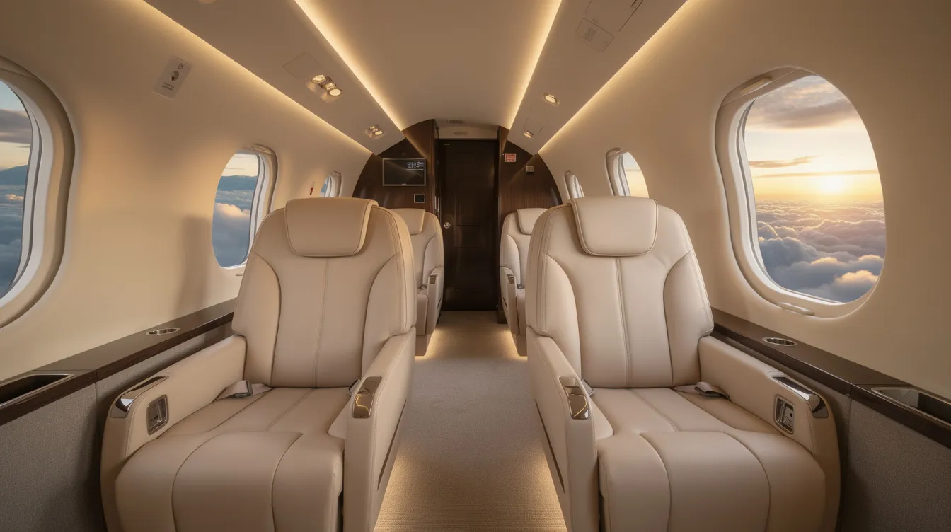 The image depicts a modern private jet cabin featuring plush leather seats, gentle ambient lighting, and a large window showcasing a breathtaking view above the clouds. This luxurious interior emphasizes comfort and sophistication, appealing to aviation enthusiasts and private owners alike.