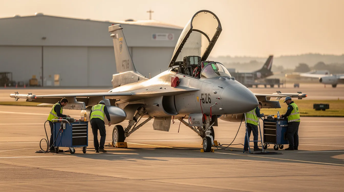 A demilitarized military jet, featuring an open canopy, is parked on a sunlit runway with a maintenance crew nearby, showcasing its sleek design and capabilities. This former military aircraft, now in civilian hands, highlights the transition of military jets into private ownership for training and aviation enthusiasts.