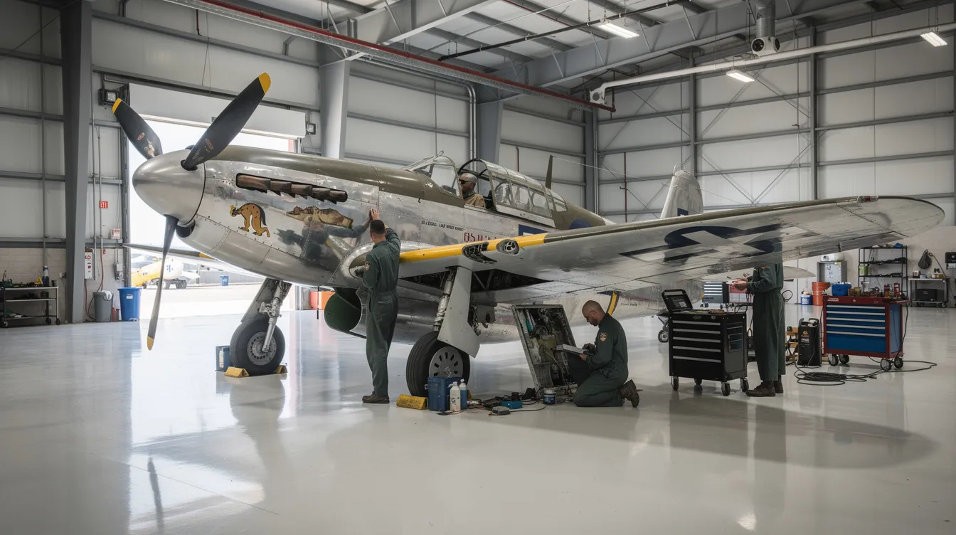 The image depicts a fully restored vintage warbird inside a polished aircraft hangar, where mechanics are meticulously inspecting the wings of the military aircraft. This scene highlights the dedication to maintaining aviation history and the capabilities of former military aircraft.
