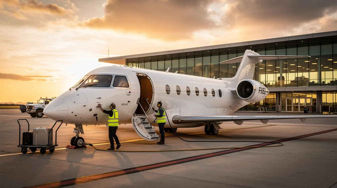 A modern private jet is parked at a Fixed Base Operator (FBO) terminal, with ground crew members preparing for its departure. The scene captures the busy atmosphere of aviation, highlighting the aircraft's sleek design and the team's dedication to ensuring a safe flight experience.