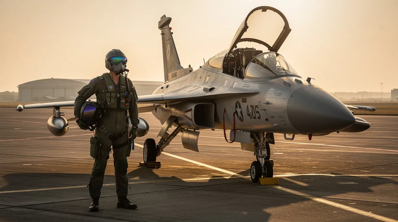 A military trainer jet is parked on the tarmac, with a pilot standing confidently beside it, ready for flight training. The aircraft represents the dedication and skill involved in preparing for fighter jet flights and missions in the skies.