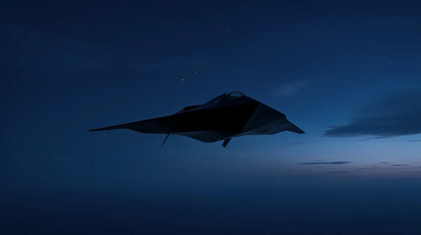 The image features the silhouette of a dark angular fighter jet against a deep twilight sky, where faint stars are visible, evoking a sense of air superiority and stealth capabilities. This striking contrast highlights the aircraft's powerful design, emblematic of advanced aerospace technology and military prowess.