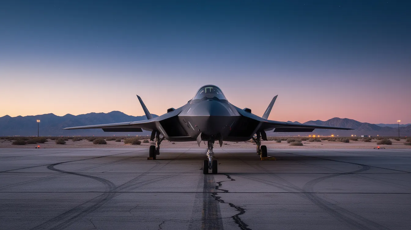 An angular matte-black stealth aircraft, resembling a modern fighter jet, is parked on a desert airfield at dusk, with rugged mountains silhouetted in the background. The aircraft's low observability design highlights its advanced capabilities, making it a powerful force in air dominance and combat operations.