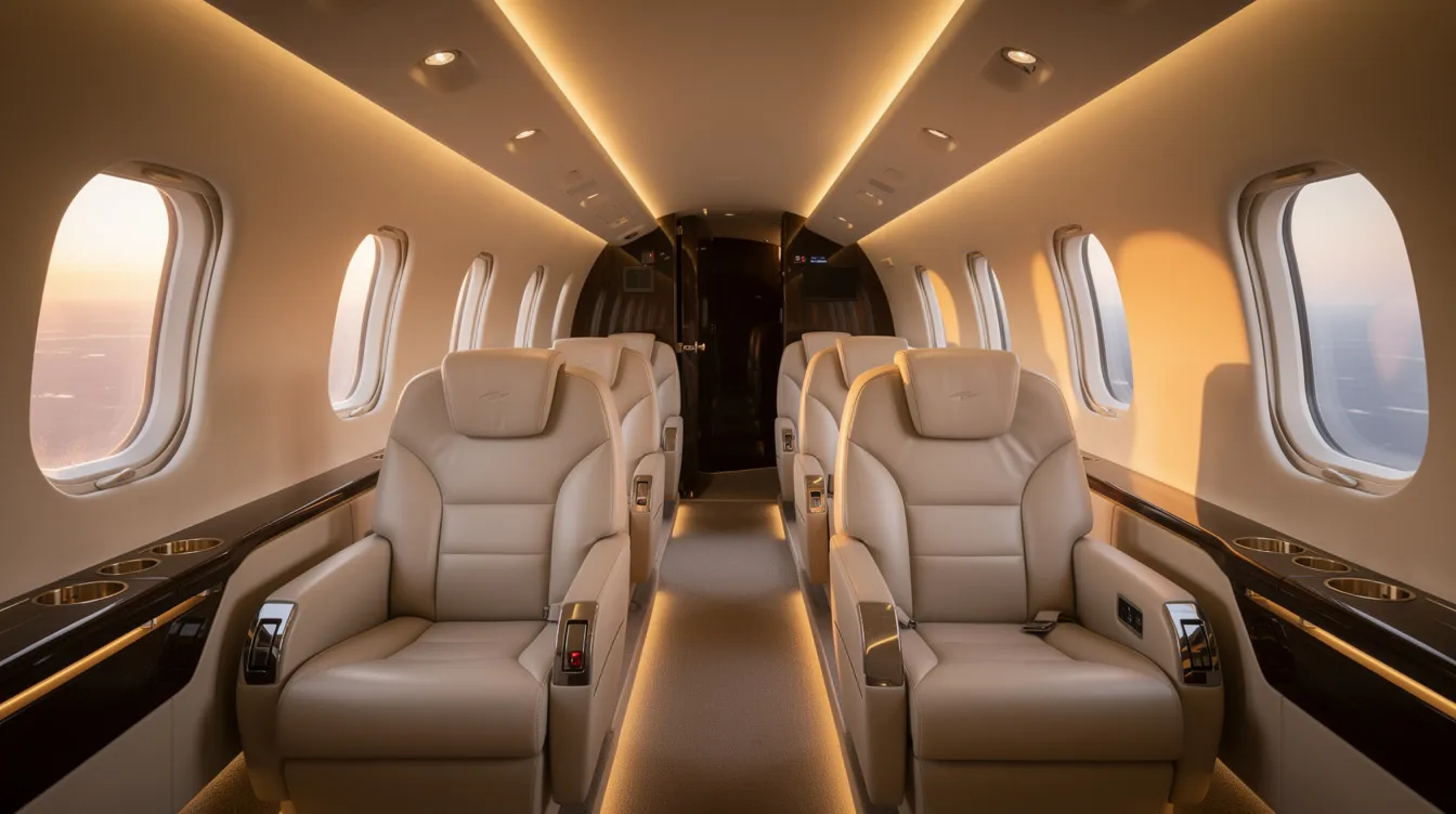 The image depicts the luxurious interior of a private jet, featuring plush leather seats and soft ambient lighting, as viewed from the cabin entrance. This elegant space emphasizes comfort and sophistication, making it a perfect setting for high-profile travel.