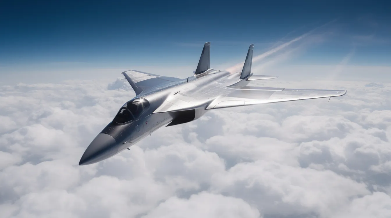 A sleek military jet aircraft is soaring above a fluffy cloud layer, illuminated by bright sunlight, showcasing its air superiority and high-speed capabilities. This operational jet fighter, designed for air combat, epitomizes advanced aviation technology and the power of modern military aircraft.