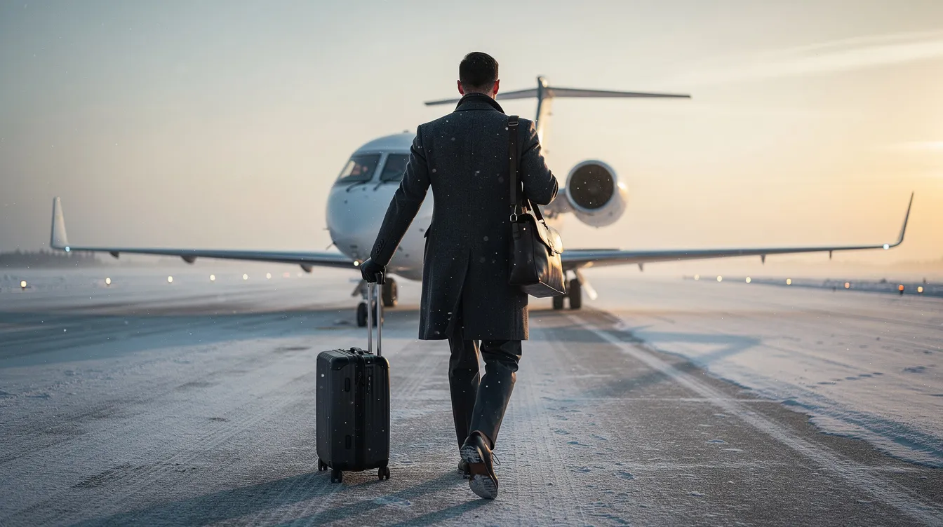 A business traveler is walking towards a sleek private jet parked on a winter runway, surrounded by a serene snowy landscape. The jet, designed for high-speed travel, reflects the elegance of both civilian and military aircraft, hinting at its capabilities for air superiority and operational efficiency.