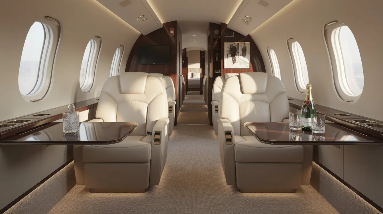 The image depicts a luxurious private jet cabin featuring elegant seating arrangements bathed in soft natural light, creating a serene atmosphere for passengers. This refined environment contrasts with the operational jets of the air force, emphasizing the comfort and sophistication of civilian aviation.