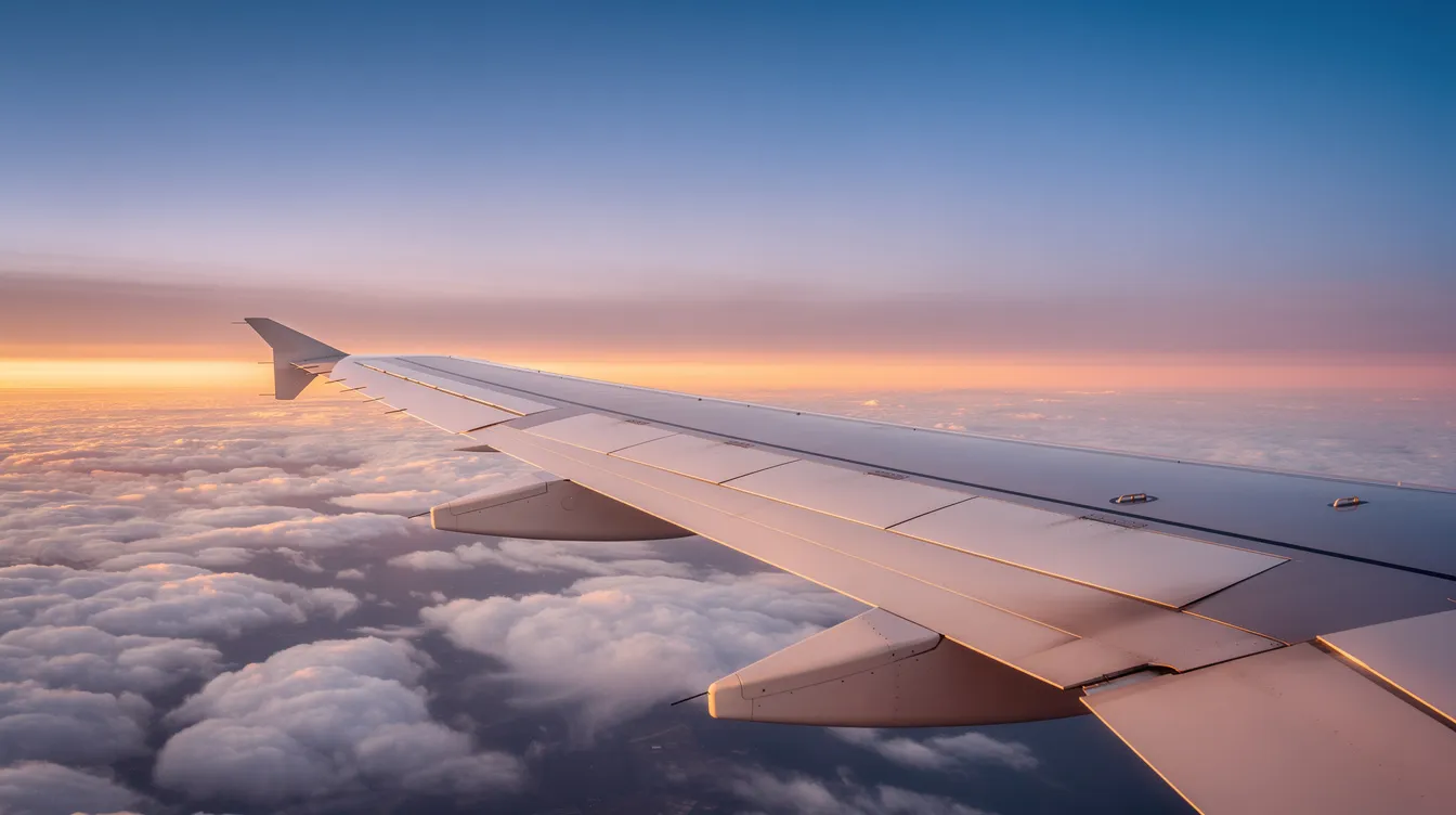 A modern jet wing extends above a sea of fluffy clouds, illuminated by the warm hues of sunrise, showcasing the sleek design of the jet aircraft as it prepares for flight. The image captures the essence of aviation, highlighting the beauty of flight and the capabilities of jet planes soaring at high altitudes.