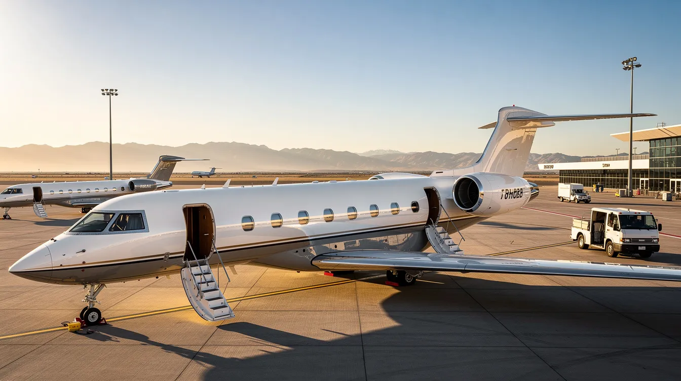 The image showcases a sleek private jet parked at an airport, highlighting its streamlined design and powerful jet engines. This luxurious aircraft is a symbol of fast and efficient travel, offering a smoother ride for passengers flying to various destinations.