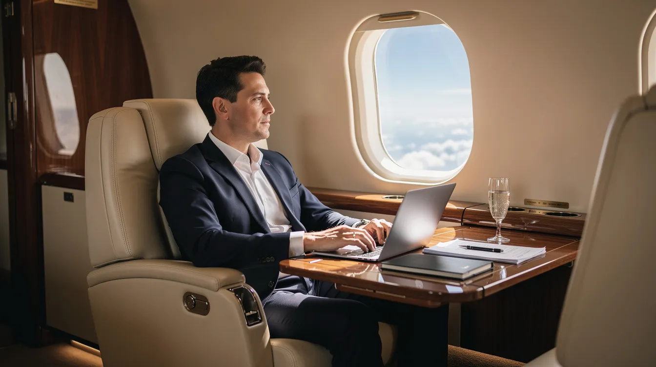 An executive is seated comfortably in the quiet cabin of a private jet, surrounded by luxurious furnishings while the jet engines hum softly during flight. The serene atmosphere highlights the efficiency and comfort of modern jet aircraft, making it ideal for short flights and high-altitude travel.