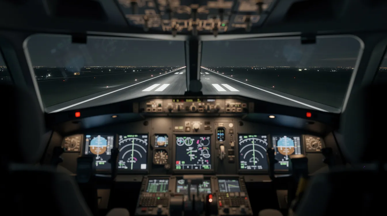 The image shows a modern cockpit view of a fighter jet, with illuminated runway lights visible ahead and various advanced avionics and control systems displayed. This setting emphasizes the aircraft's capabilities in air combat and situational awareness, highlighting its role as one of the most advanced fighters in operational service.