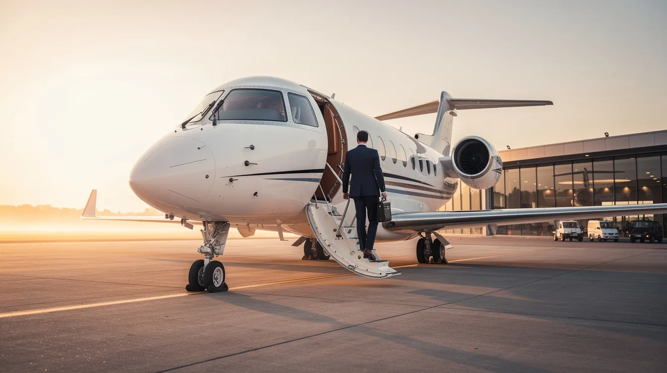 An executive is boarding a sleek private jet at a quiet terminal, illuminated by the soft light of sunrise, suggesting a serene start to a day of travel. The jet, reminiscent of advanced fighters like the F-35, symbolizes luxury and performance in the aviation world.