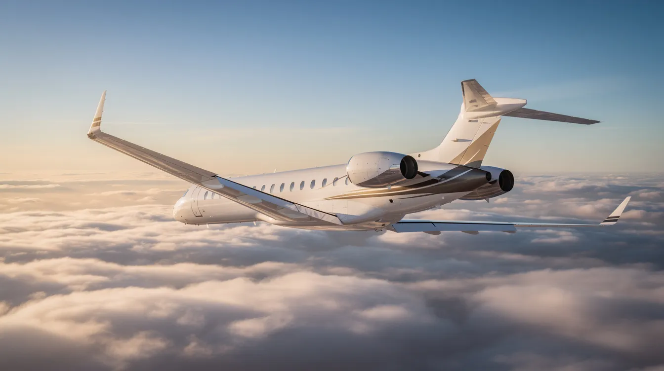 A large cabin private jet ascends gracefully above a blanket of clouds, illuminated by the clear morning light, showcasing its sleek design and advanced avionics. This aircraft, while not a fighter jet, embodies the luxury and performance of modern aviation.