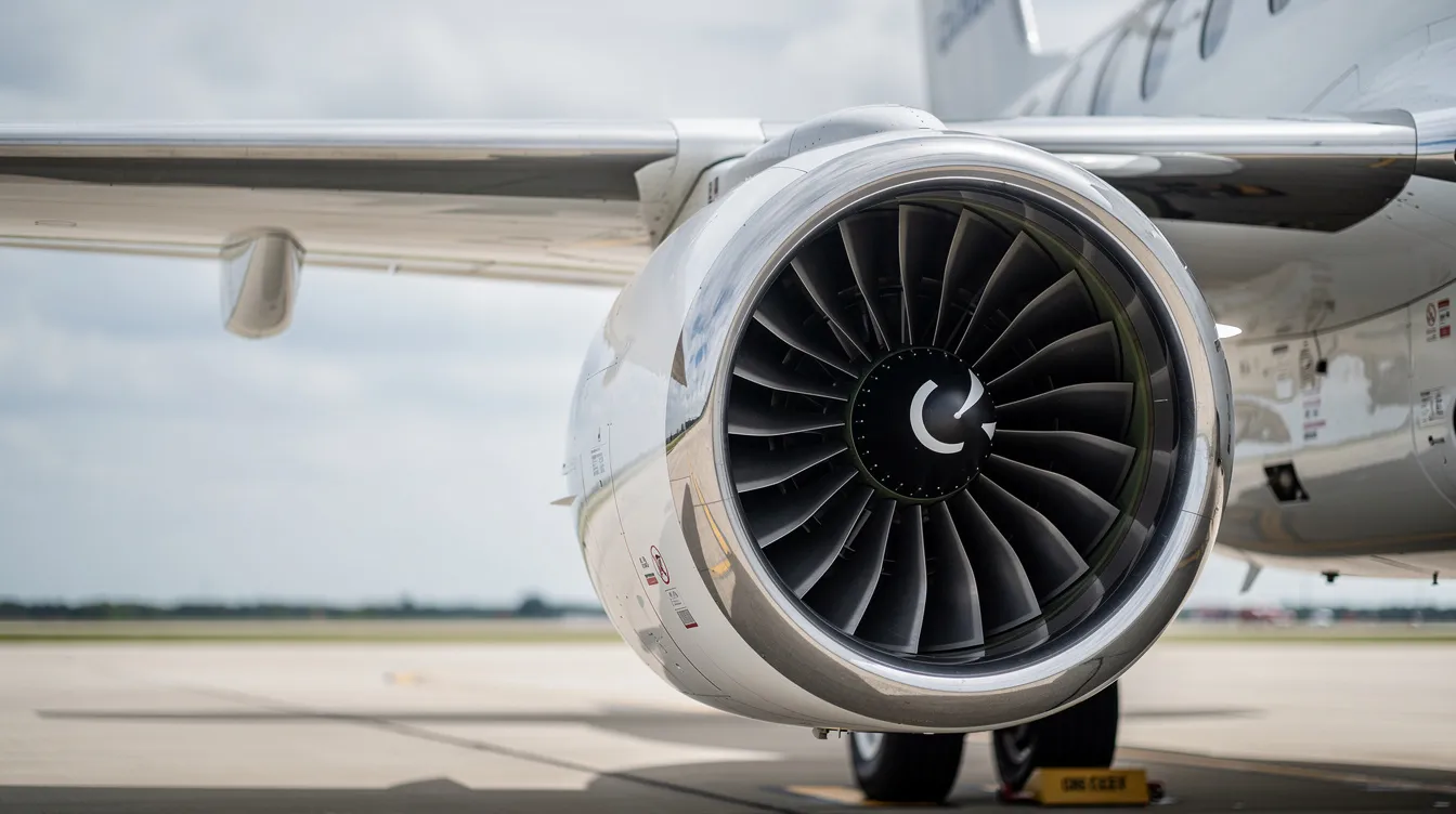 The image shows a close-up view of a large turbofan jet engine mounted on the wing of a private aircraft, highlighting the intricate turbine blades and the structure of the engine part. This powerful aircraft engine is designed to efficiently produce thrust by compressing incoming air and burning fuel in the combustion chamber.