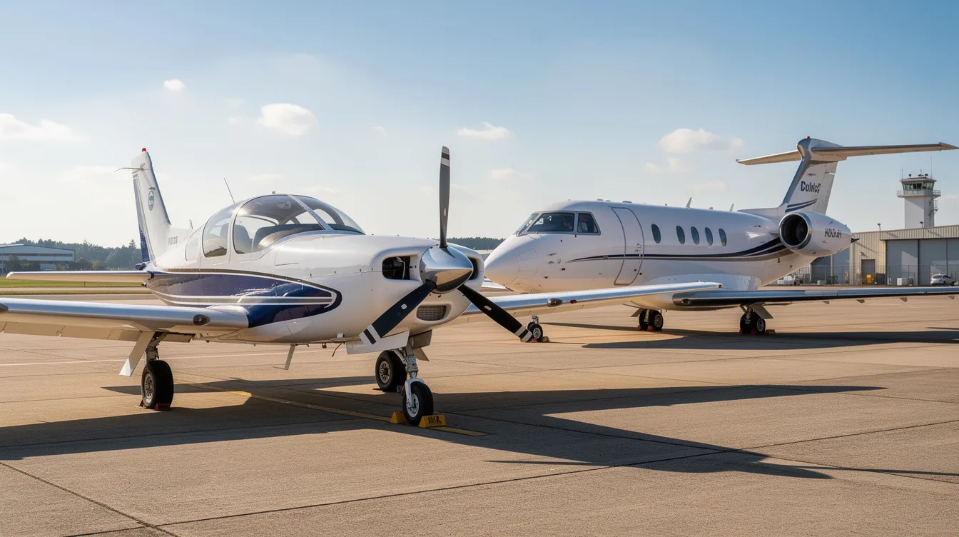 The image depicts a small single-engine propeller aircraft parked beside a sleek midsize business jet on a sunlit airport tarmac, showcasing the contrast between the piston engines of the propeller plane and the jet engines of the business jet. Both aircraft are ready for flight, with the vibrant sunlight highlighting their sleek designs and aviation features.