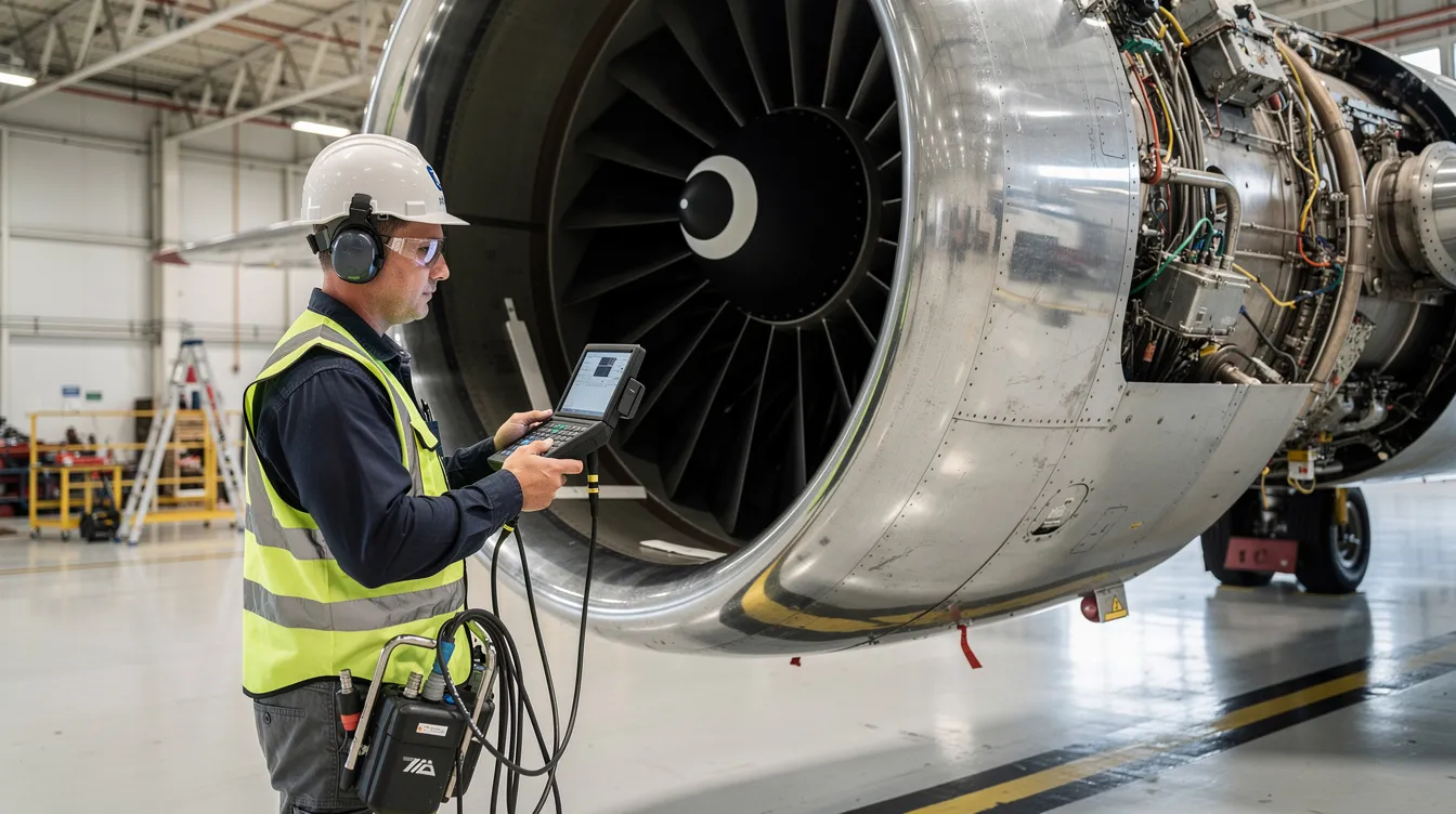 A maintenance technician in safety gear is inspecting a large jet engine turbine, focusing on the turbine blades and combustion chamber with specialized equipment. The technician ensures the aircraft engine operates efficiently and safely, examining critical components that manage airflow and hot gases.