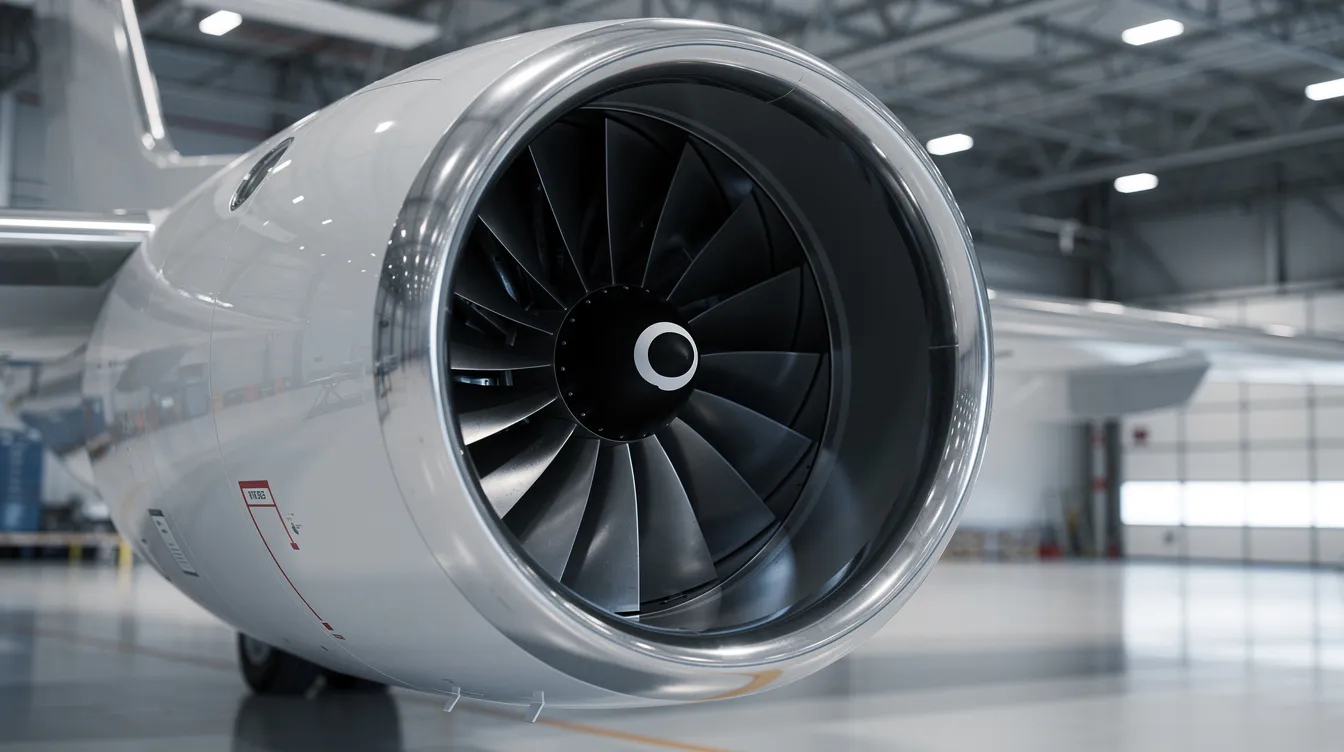 This close-up view showcases a polished turbofan intake of a private aircraft, highlighting the intricate turbine blades and the hangar lighting reflecting off the smooth surface. The image emphasizes the design of jet engines, particularly how incoming air is channeled into the combustion chamber to produce thrust.