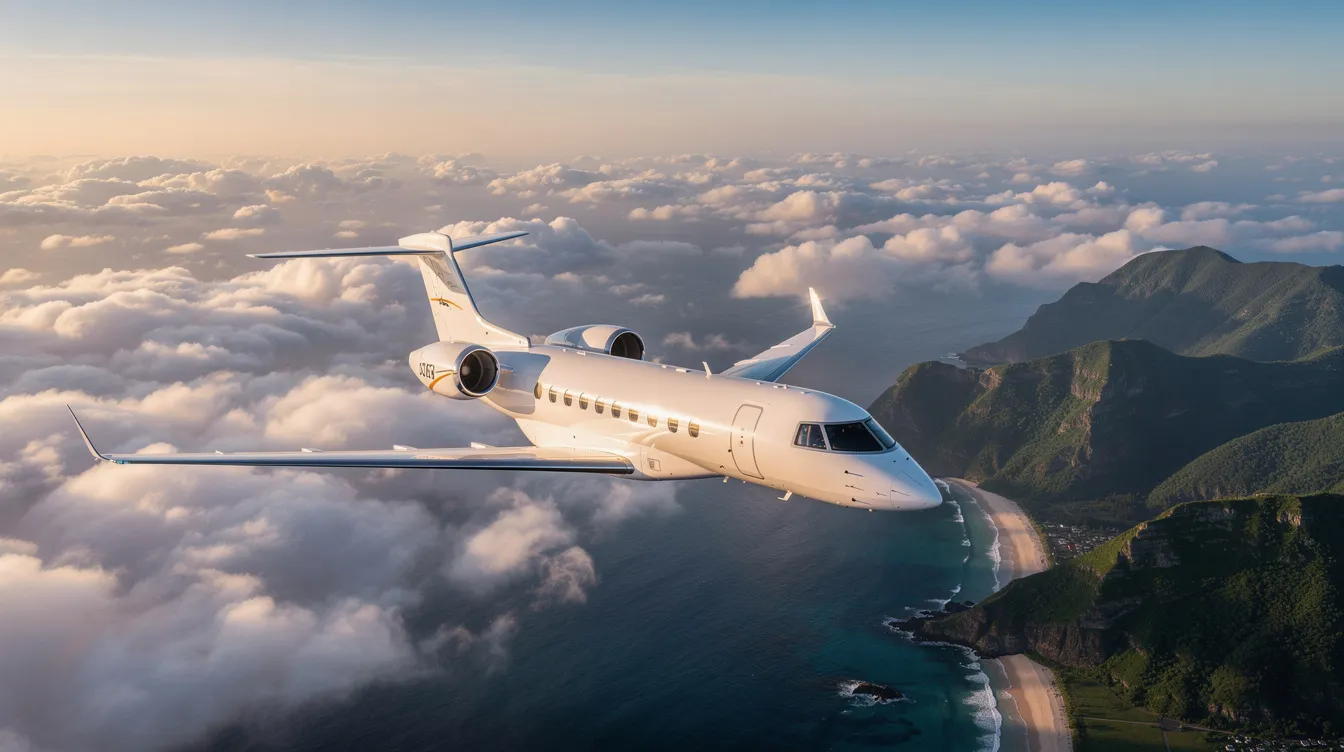 A private jet aircraft soaring above soft, fluffy clouds showcases its sleek design and powerful jet engines, while a lush green coastline is visible far below. The scene captures the essence of high-speed travel and the beauty of flight against a stunning natural backdrop.