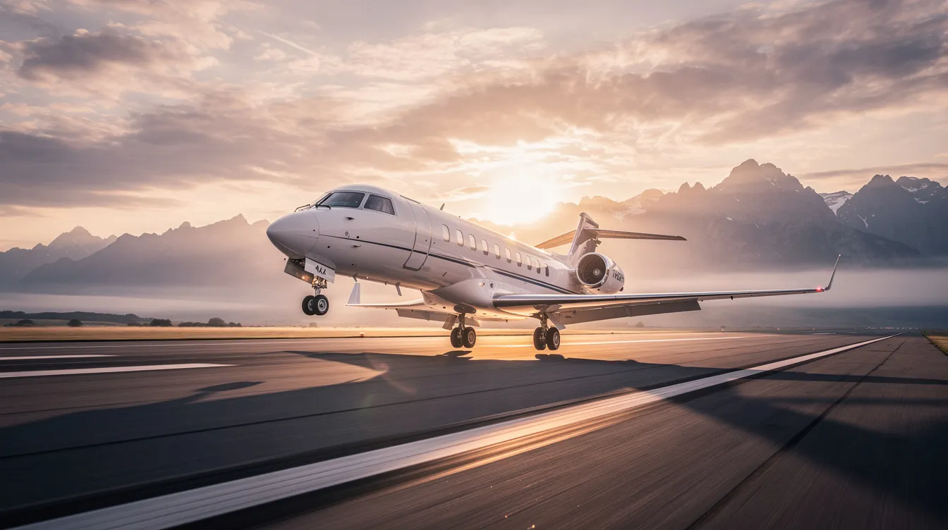 A sleek private jet with powerful jet engines is climbing from a runway at sunrise, surrounded by majestic mountains and fluffy clouds in the background. The scene captures the aircraft's ascent, highlighting the impressive thrust generated by its gas turbine engine as it rises into the sky.