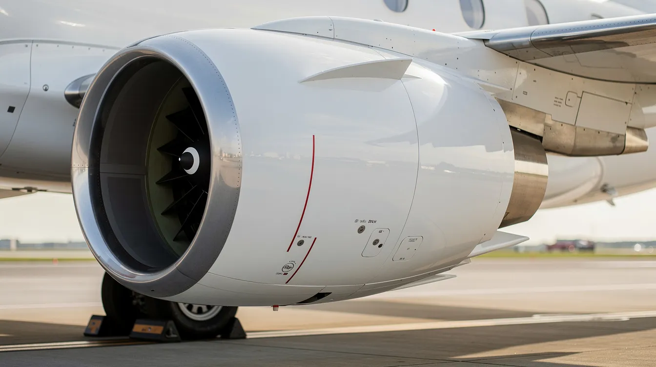 The image depicts a modern business jet engine nacelle positioned on a runway, showcasing the sleek design of the turbofan engines that play a crucial role in the aircraft's propulsion system. The nacelle houses the engine's turbine section, which is essential for generating thrust and enabling high-speed flight.