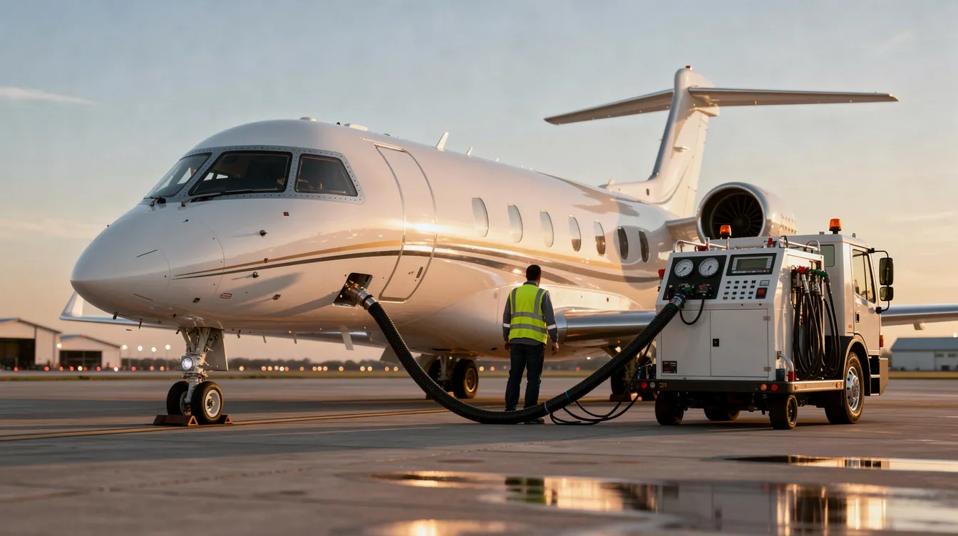 A sleek private jet is being fueled on a quiet ramp, showcasing its advanced turbofan engines and streamlined design, which are essential for high-speed aviation. The scene captures the aircraft's readiness for flight, emphasizing the efficiency of its propulsion system and the critical role of fuel in achieving optimal performance.