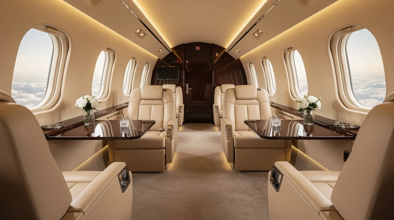 The image depicts the interior of a spacious luxury private jet cabin, featuring cream leather seats and soft ambient lighting that enhances the plush atmosphere. This elegant setting emphasizes comfort and sophistication, ideal for high-end travel experiences.