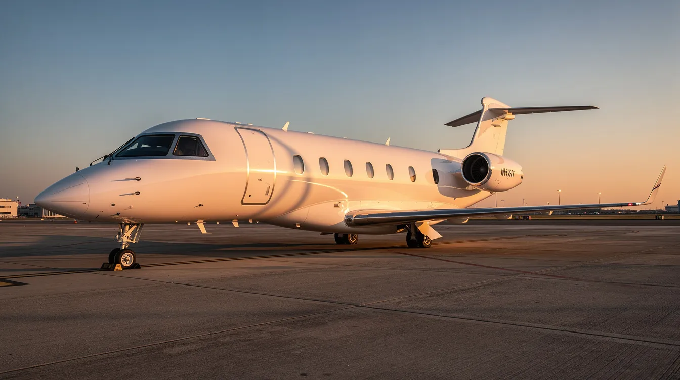 A sleek white private jet with a turbojet engine is parked on a tarmac during golden hour, illuminated by the warm glow of the setting sun against a clear sky. The scene captures the elegance and luxury of private aviation, showcasing the jet's polished exterior and aerodynamic design.