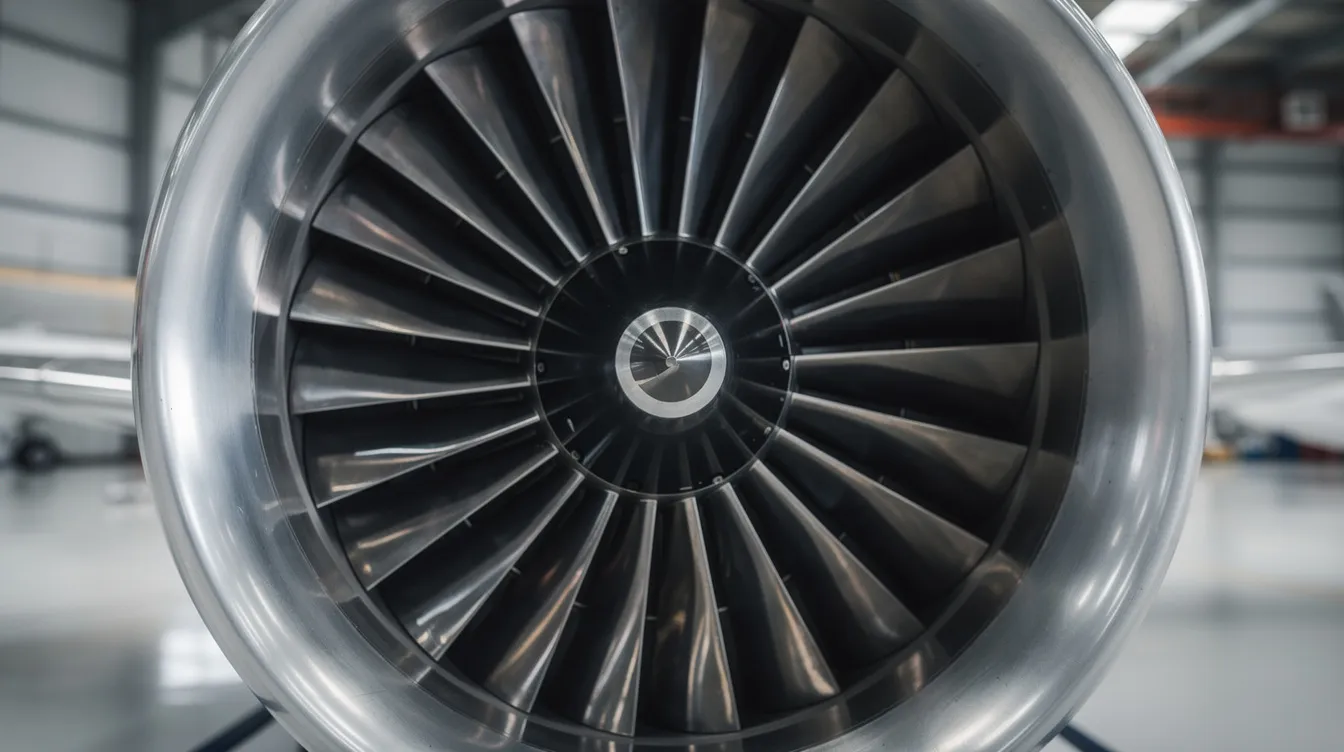 A close-up photograph showcases a polished jet engine turbine intake, featuring reflective metal blades that highlight the intricate design and engineering of a turbojet engine. The image emphasizes the airflow dynamics as air enters the intake, essential for providing thrust in military aircraft and other high-performance vehicles.