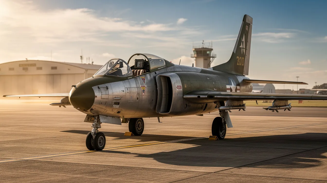 A vintage military jet aircraft from the 1950s is parked on a sunlit tarmac, showcasing its sleek design and turbojet engines. The sunlight highlights the aircraft's metallic surface, emphasizing its historical significance and engineering features.