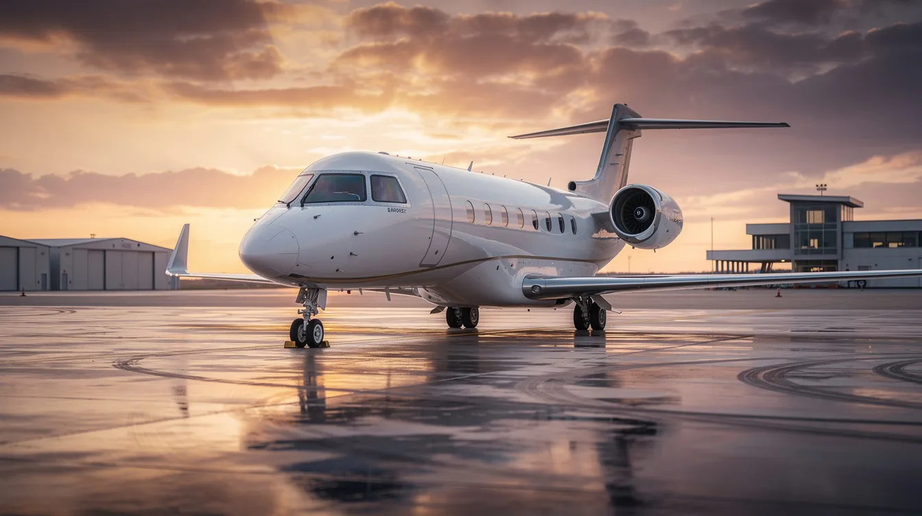 A sleek modern business jet with turbojet engines is parked on a private terminal tarmac, bathed in the warm colors of sunset. The aircraft's streamlined design highlights its efficiency and performance, making it a symbol of luxury travel.