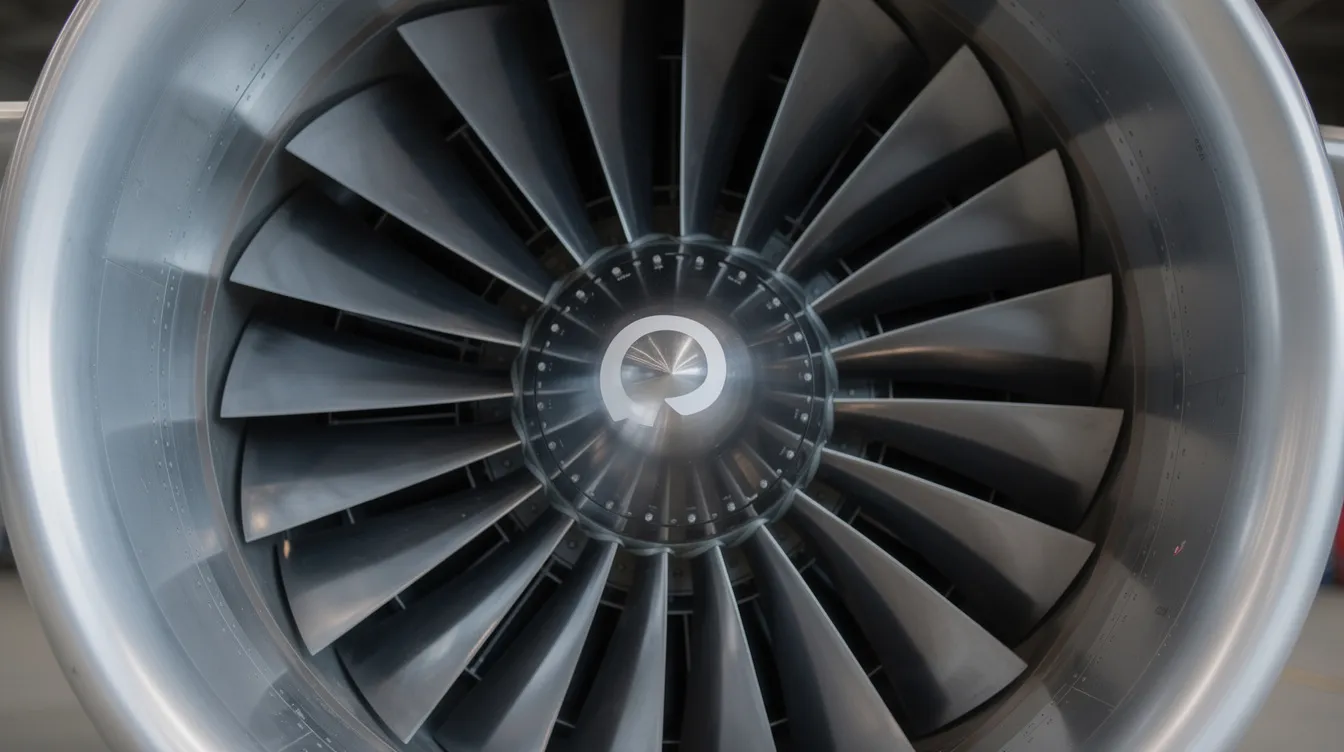 A close-up view showcases the polished turbine blades within a large turbojet engine, highlighting their precision and design as essential components for generating thrust in military aircraft. The blades are part of a gas turbine system that efficiently compresses air and fuel for combustion, enabling high-speed flight.
