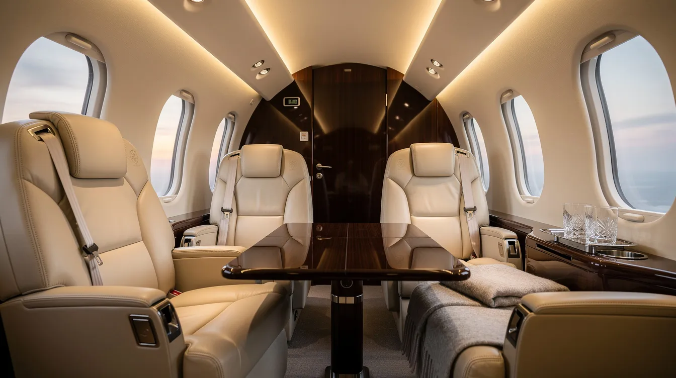 The image showcases the opulent interior of a private jet cabin, featuring plush cream leather seats, soft ambient lighting, and a sleek polished wood table, emphasizing the luxurious amenities and personalized service of private aviation. This setting reflects the exclusive benefits of private jet membership programs, offering a taste of the comfort and elegance associated with flying privately.