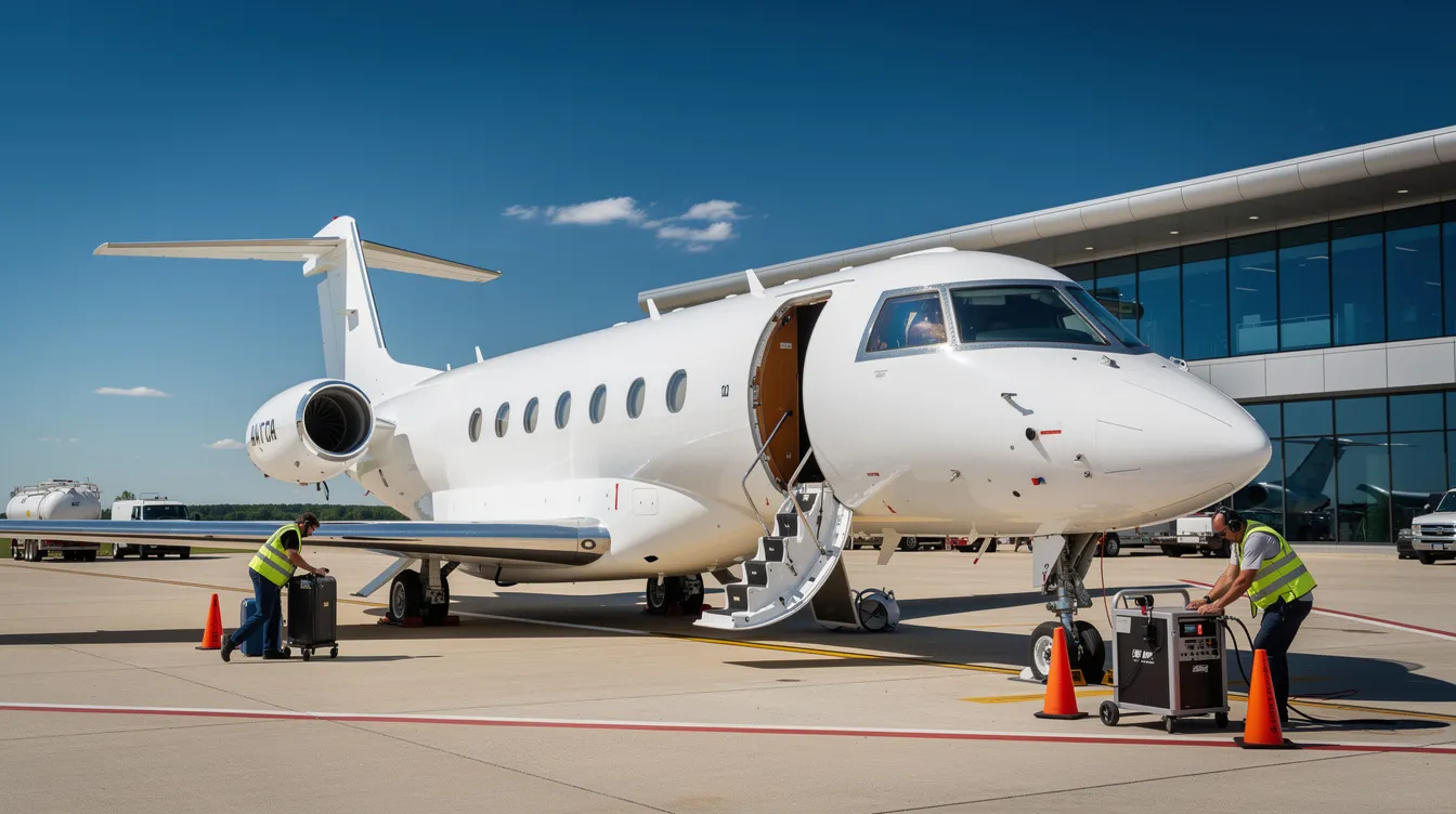 A private jet is parked at an FBO, with ground crew members preparing the aircraft for departure under a clear blue sky. This scene highlights the luxury of private jet travel and the personalized service associated with private aviation.