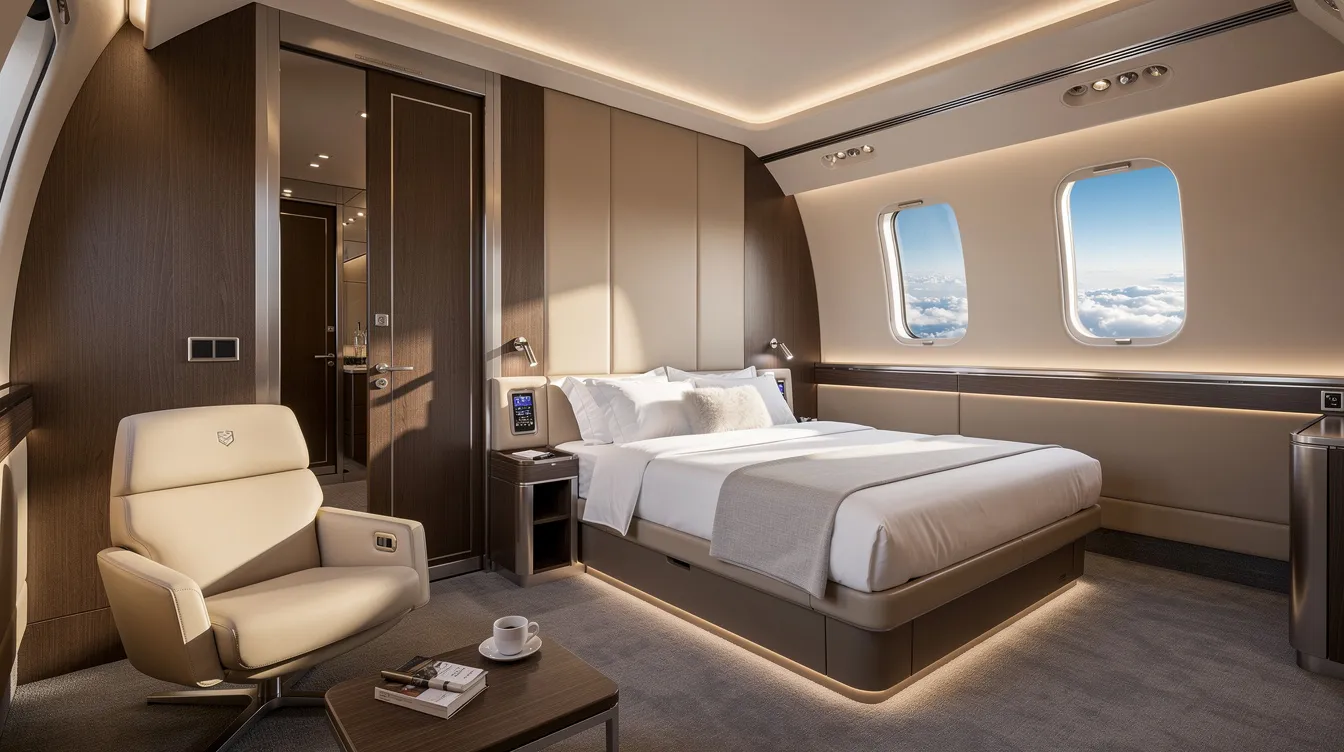 The image depicts a luxurious widebody aircraft cabin interior featuring a private bedroom suite with large windows, showcasing the elegance and spaciousness typical of a Boeing business jet (BBJ). The design emphasizes comfort and opulence, ideal for long-range travel in a high-performance derivative of the Boeing aircraft.
