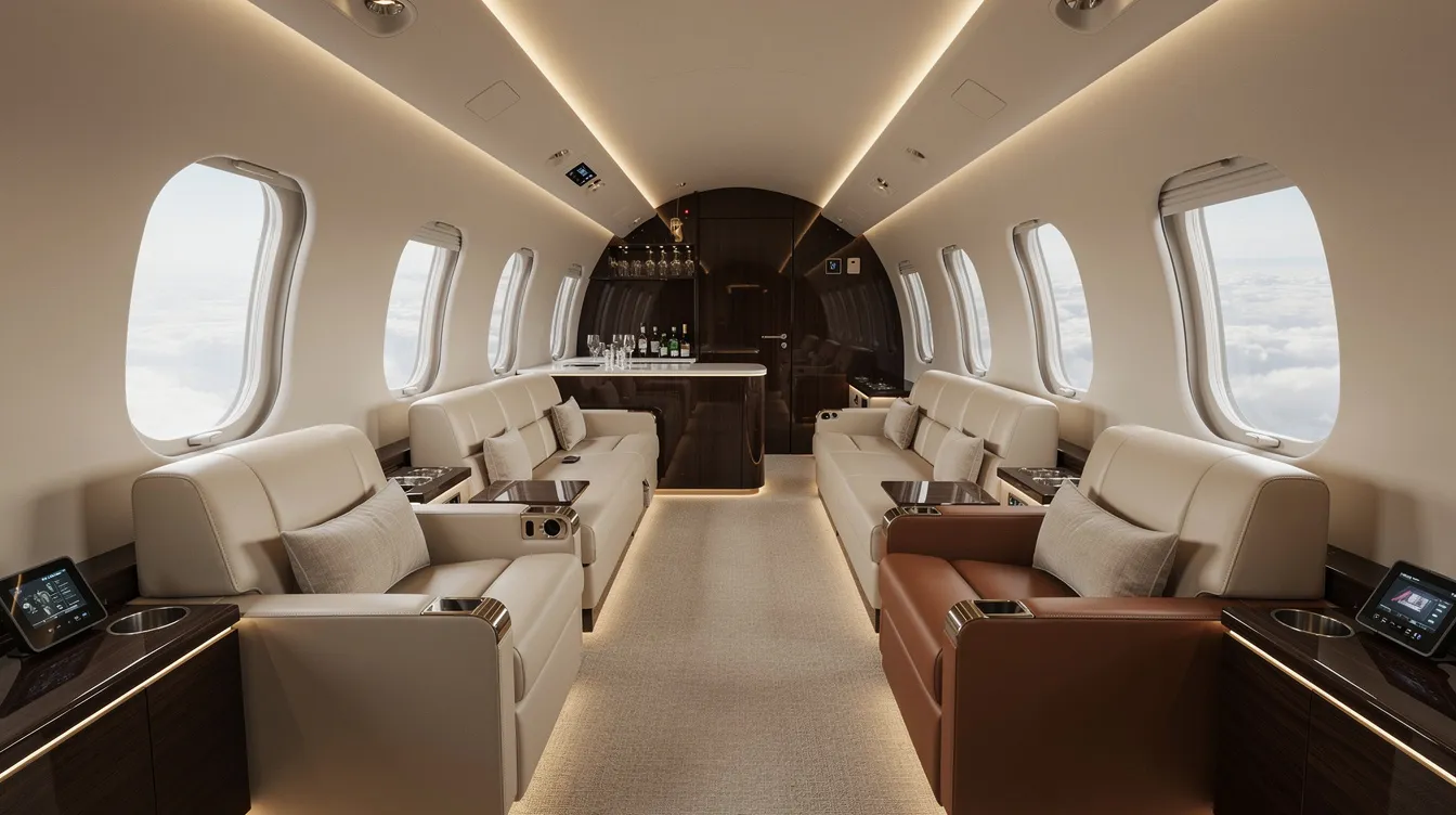 The image depicts the luxurious interior of a Boeing business jet, featuring spacious leather lounge seating and ambient lighting, designed for maximum comfort during flights. This opulent cabin space exemplifies the elegance and sophistication of private jets, offering a relaxing atmosphere for passengers.