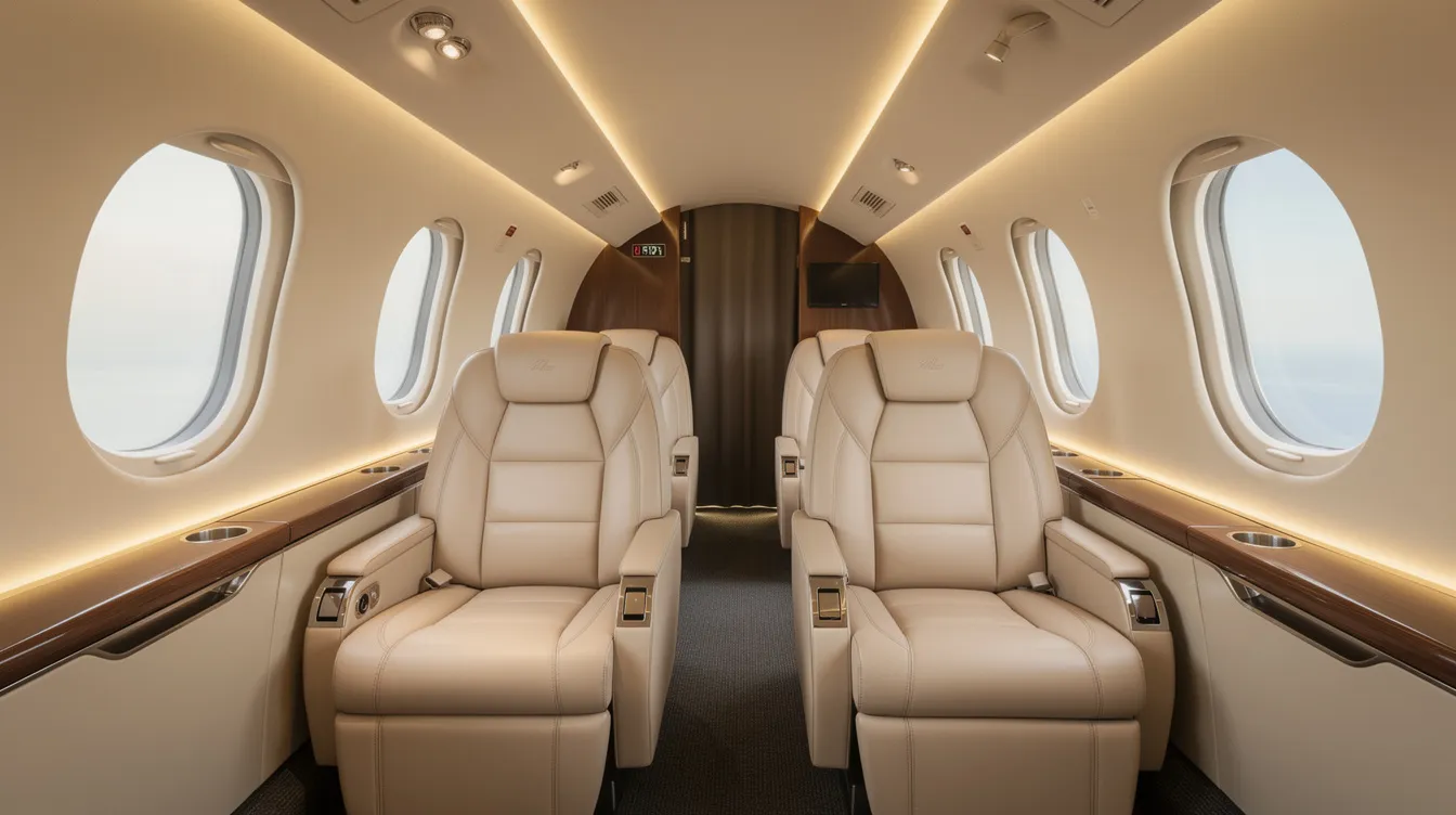 The image depicts the interior of a modern midsize private jet, featuring plush leather seats and soft ambient lighting, creating a luxurious atmosphere for travelers. This private jet is ideal for charter flights from Portland, Oregon, offering a comfortable and stylish travel experience.