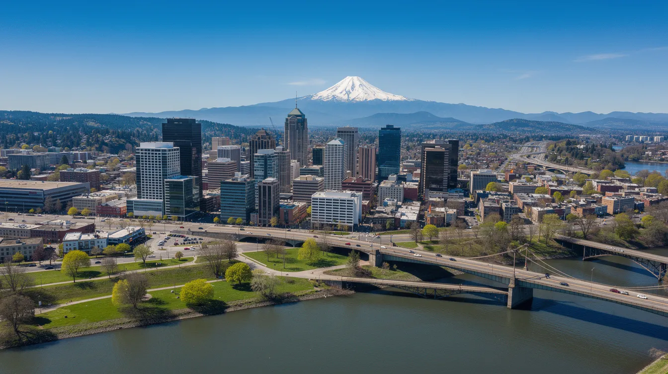 An aerial view of the Portland, Oregon skyline showcases the city's modern architecture with the majestic Mount Hood rising in the distance on a clear day. This vibrant scene captures the essence of the Pacific Northwest, highlighting the urban landscape alongside the natural beauty of the region.