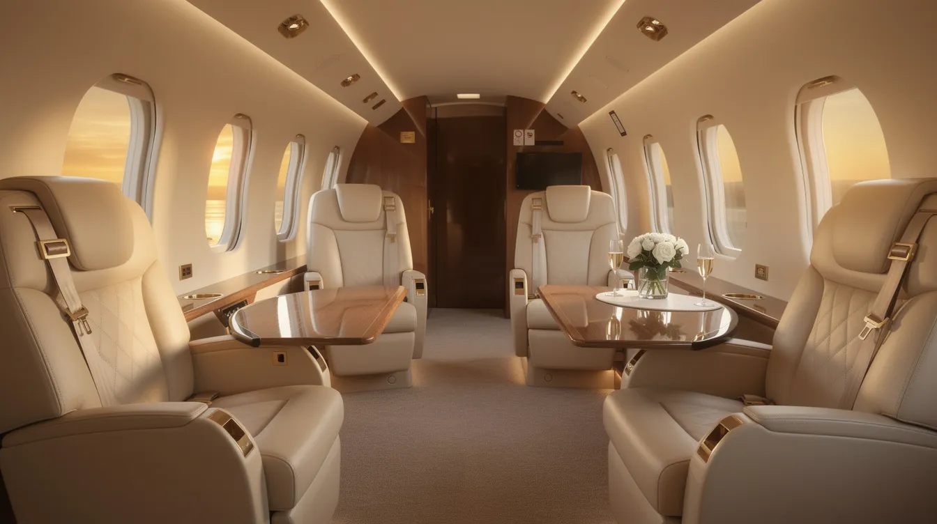 The image depicts a luxurious private jet interior featuring cream leather seats and soft ambient lighting, creating an elegant atmosphere for passengers. This setting reflects the high standards of private aviation, emphasizing comfort and quality for clients and crew alike.