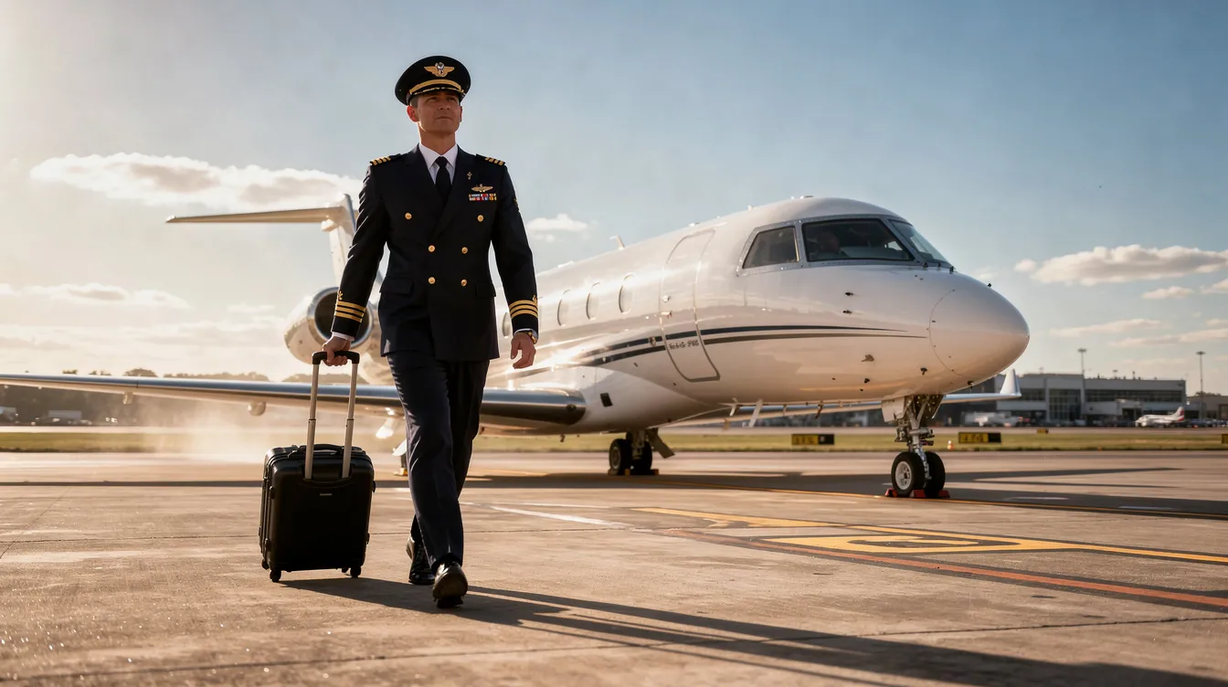 A professional pilot in a crisp uniform strides confidently towards a sleek private jet on a sunlit tarmac, embodying the values of private aviation and teamwork. This image reflects the dynamic environment of the private jet industry, where top talent is valued and growth opportunities abound.