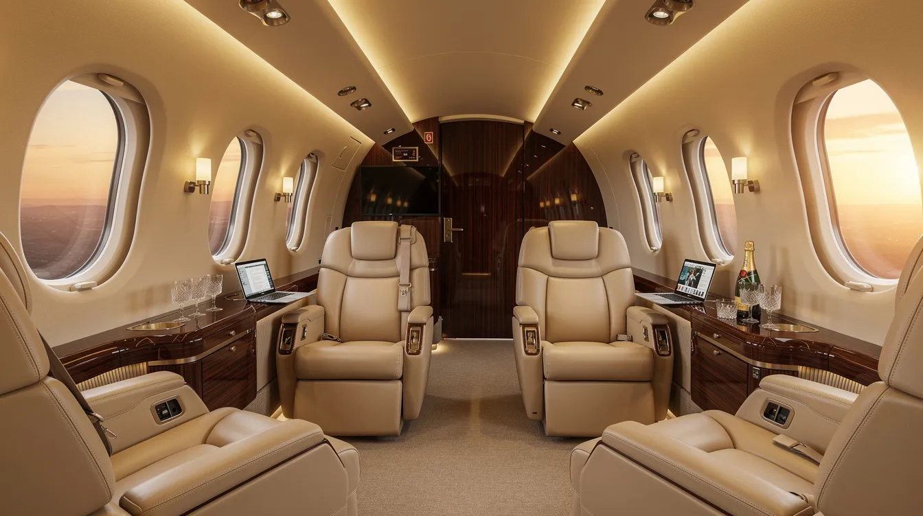 The image depicts the interior of a luxurious private jet cabin, featuring plush leather seats and a warm, inviting lighting ambiance, perfect for a comfortable flight from Dallas to Las Vegas. This elegant setting highlights the sophistication and comfort of private jet charter services, ideal for travelers seeking a premium experience.