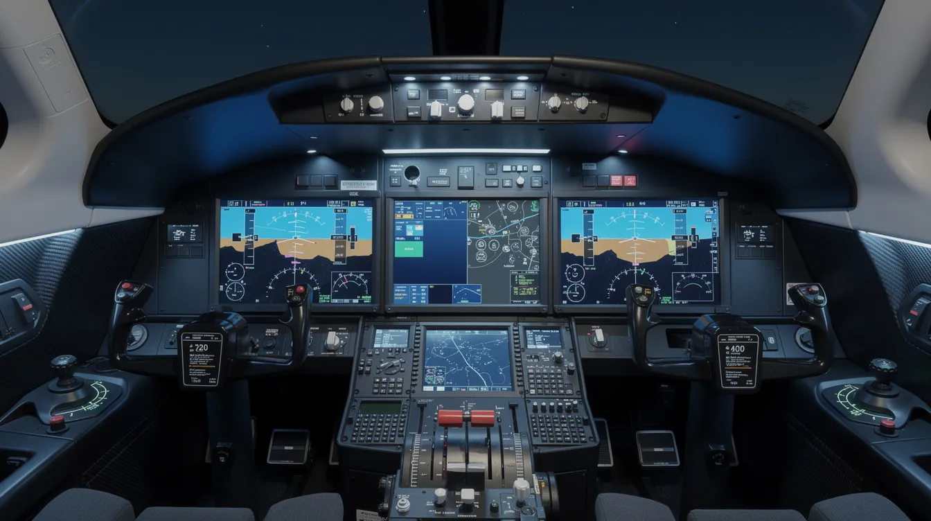 The image depicts a modern glass cockpit of a business jet, featuring sleek digital avionics displays that glow in a calming blue hue. This advanced flight deck showcases the latest in aviation technology, designed for optimal performance and comfort in private jets.