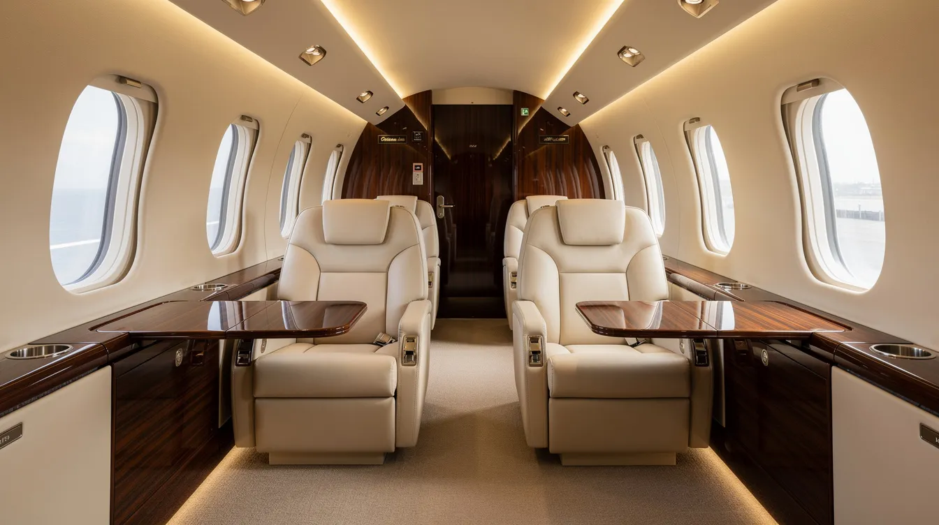 The image showcases a luxurious private jet cabin interior featuring cream leather seats, ambient lighting, and elegant wood veneer accents, creating a refined atmosphere for comfort during flight. This sophisticated design exemplifies the high standards of the business jet industry, offering an exquisite travel experience.