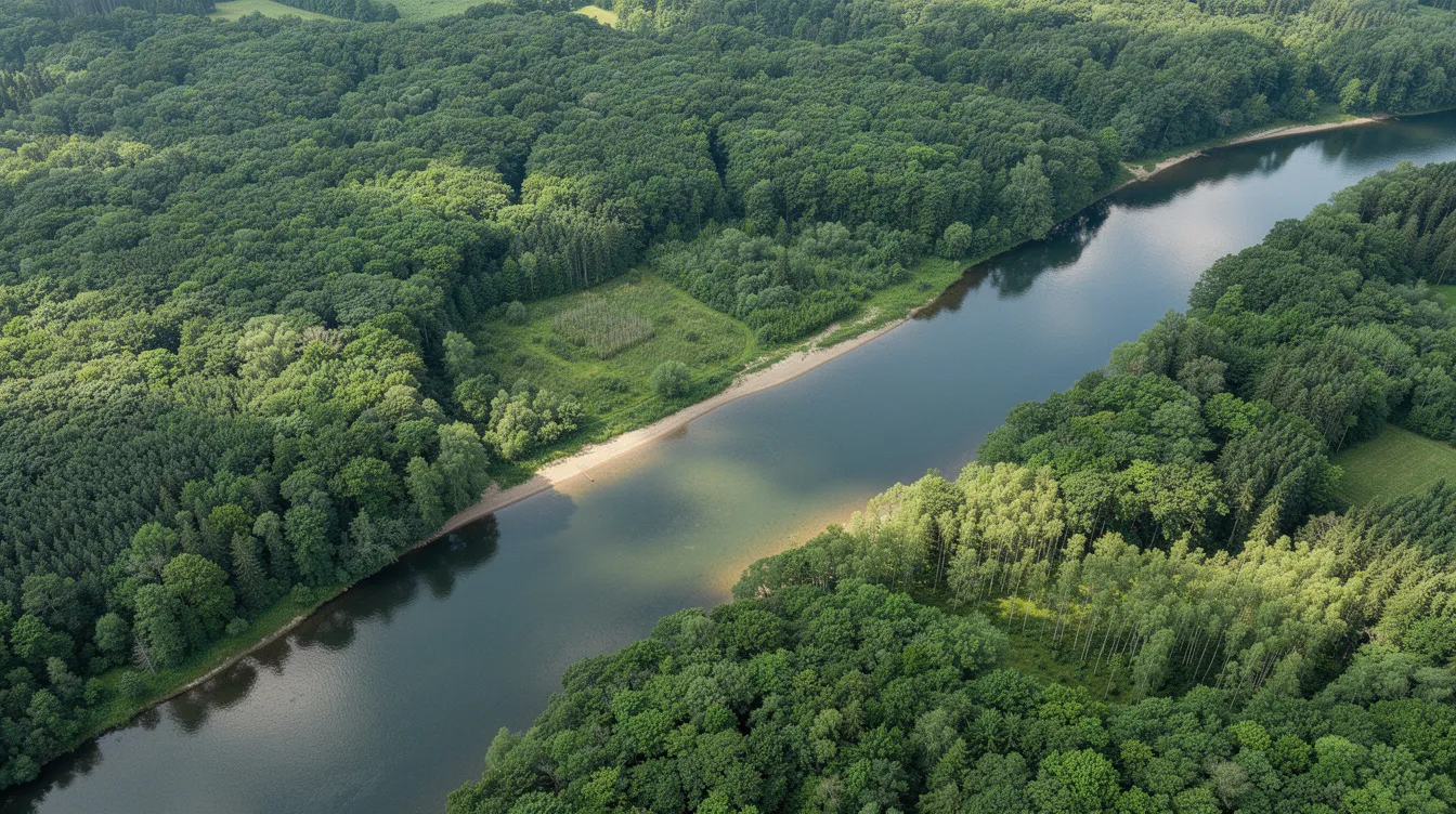 An aerial view showcases a lush green forest intertwined with a winding river, symbolizing a commitment to carbon offset and environmental sustainability. This serene landscape reflects the importance of preserving our world, complementing the luxury and innovation found in the private jet industry.