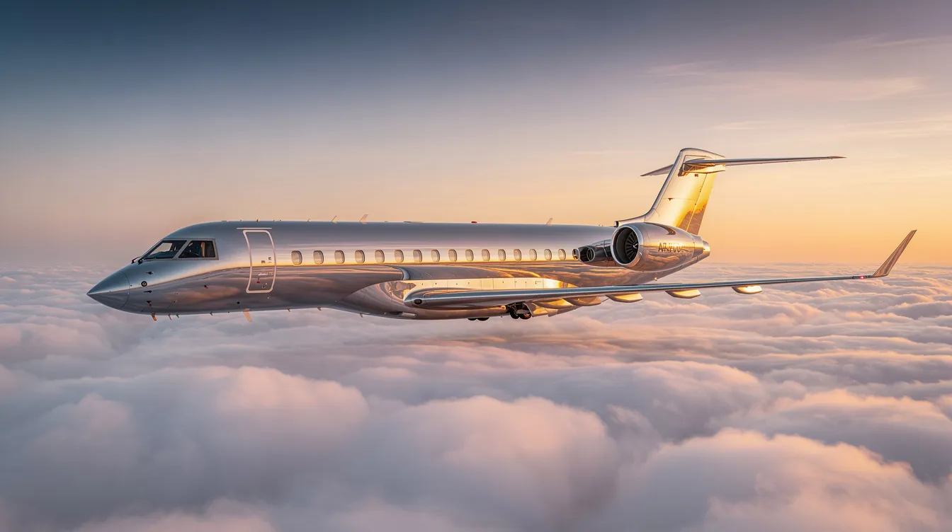 A sleek ultra-long-range private jet glides gracefully above a layer of fluffy white clouds, illuminated by the golden hues of a sunset reflecting off its polished fuselage. This luxurious aircraft embodies the pinnacle of business aviation, showcasing the elegance and efficiency of modern private jet travel.
