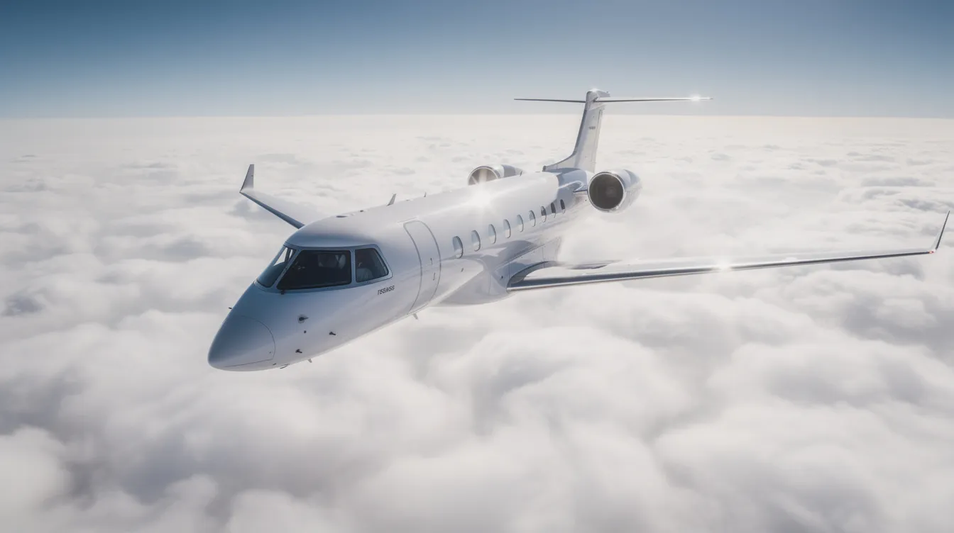 An aerial view captures a sleek modern private jet soaring above a blanket of fluffy white clouds, with sunlight glinting off its polished fuselage. This aircraft, designed for fuel efficiency, showcases the advancements in commercial aviation technology.