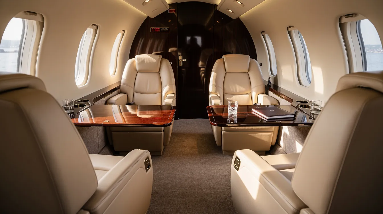 The image depicts the luxurious interior of a private jet, featuring cream leather club seats, polished wood tables, and natural light streaming through oval windows, creating an inviting atmosphere for passengers. The spacious cabin is designed for comfort and elegance, making it ideal for both business and leisure travel.